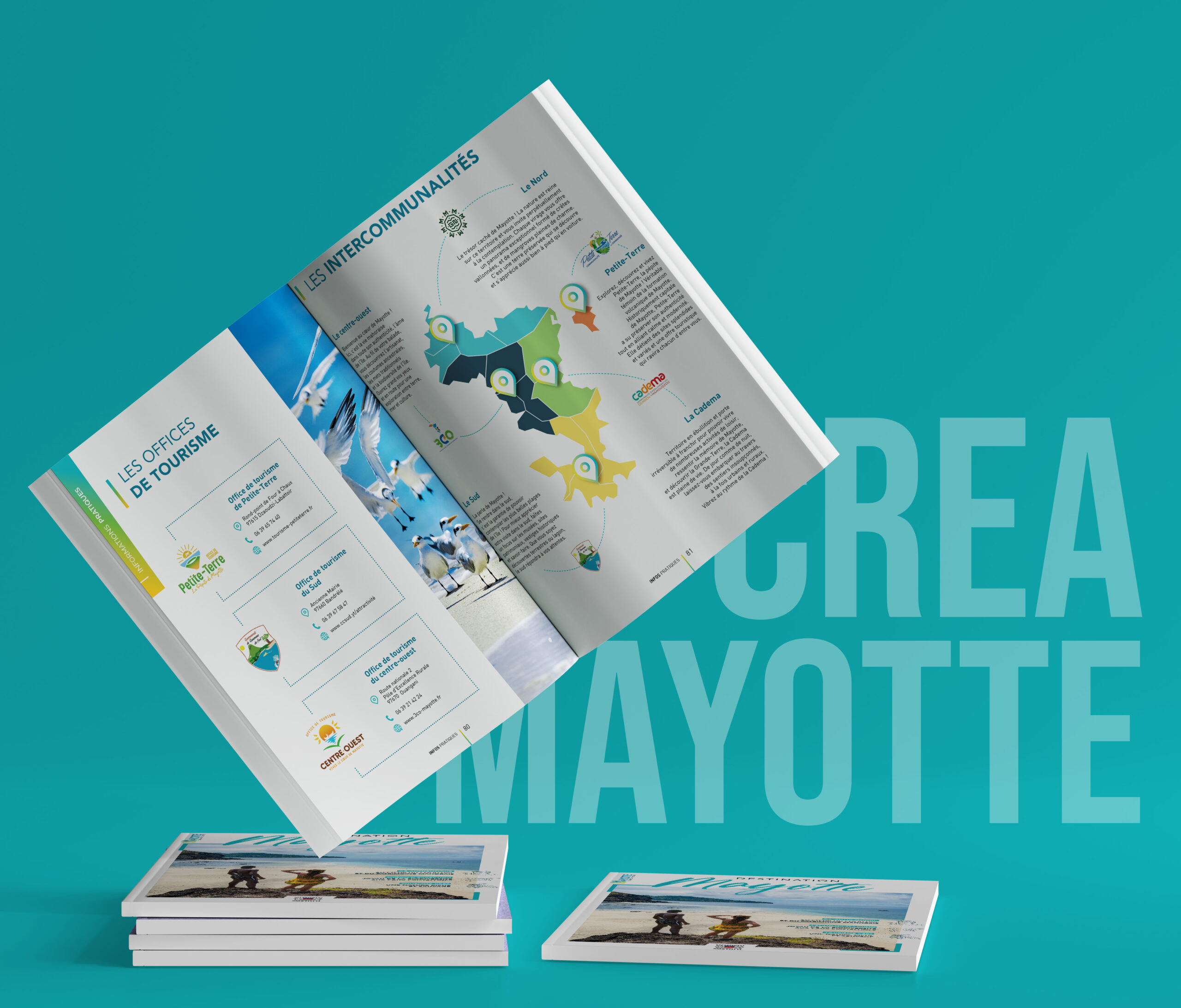 Mise en situation de plusieurs magazines pour l'Office du Tourisme de Mayotte sur fond blanc montrant la mise en page intérieure