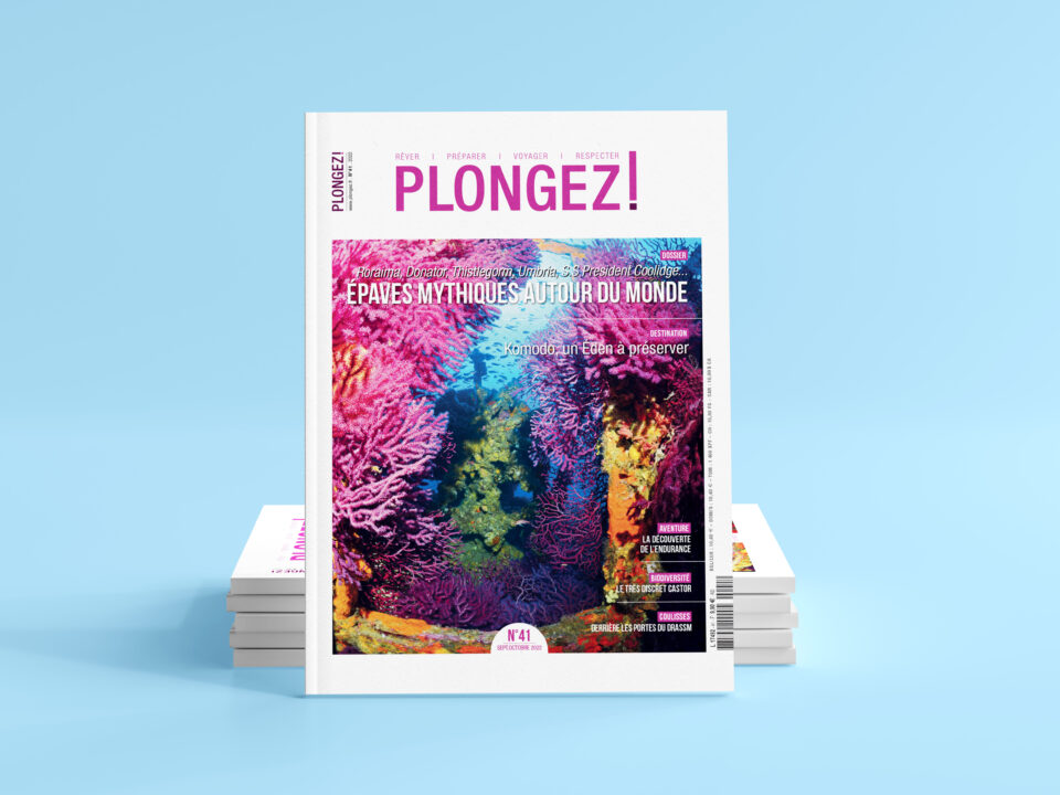 Mise en situation de la couverture d'un magazine Plongez! sur fond bleu