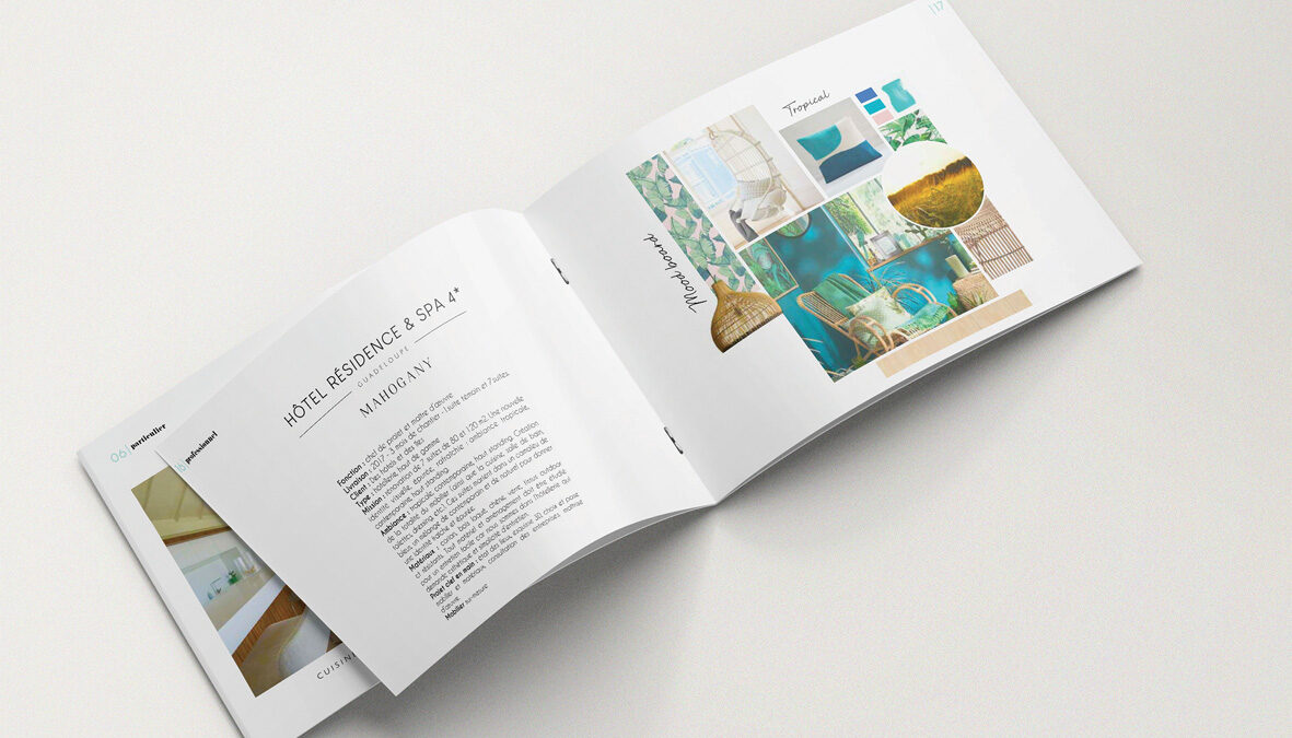 Mise en avant de l'intérieur de la brochure Portfolio d'une architecte d'intérieur Marie Arara, haut de gamme