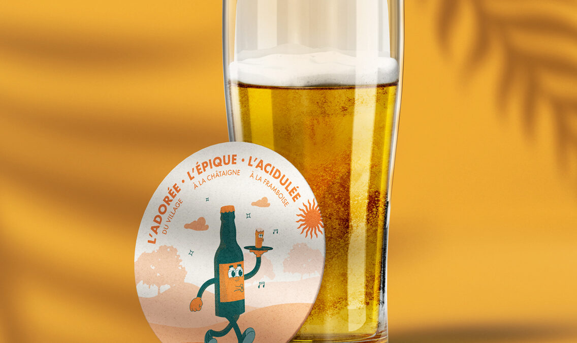 Mise en situation des dessous de verres ou bocks pour la brasserie La Tchouc accompagnés d'une bière
