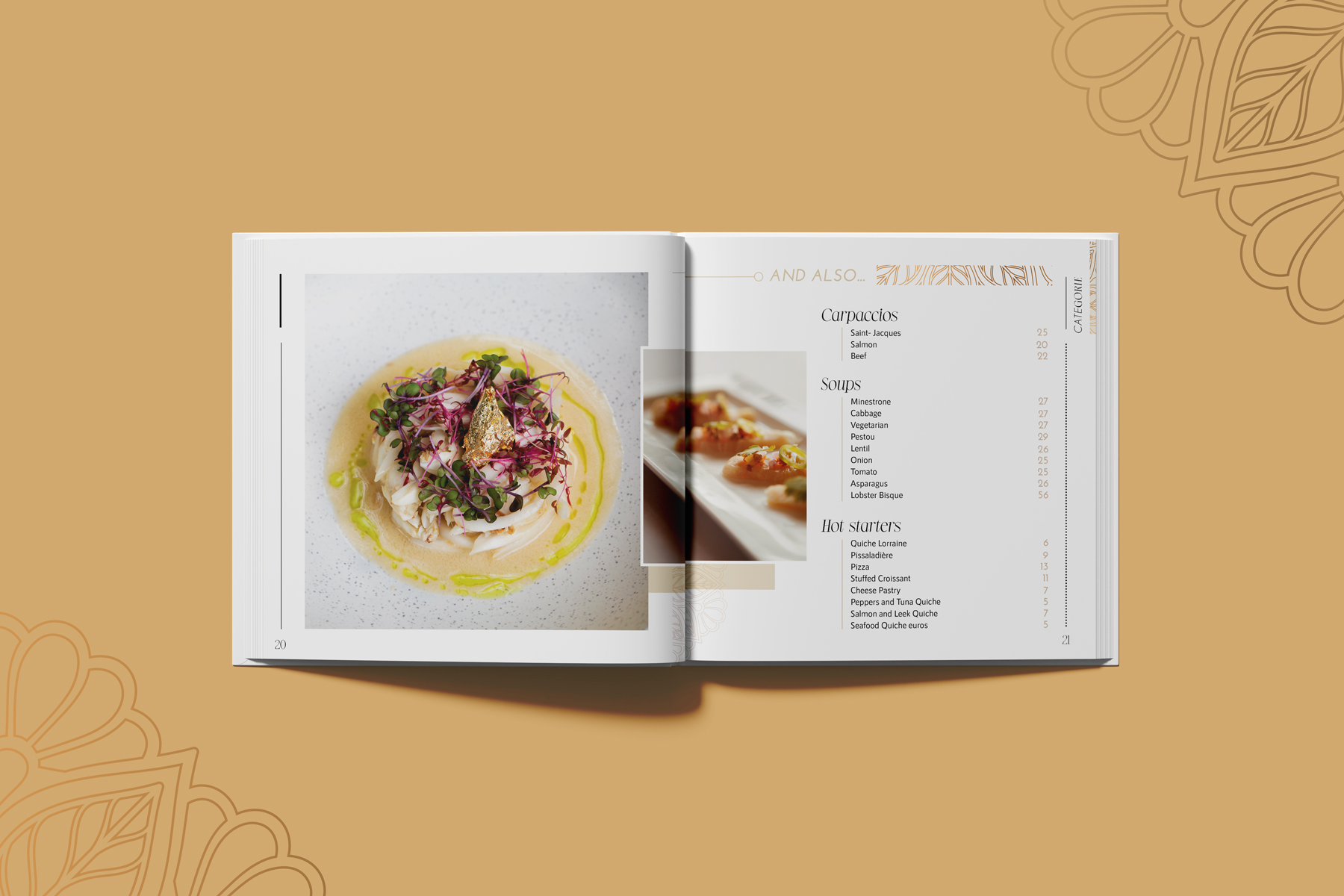 Pages intérieurs de la brochure haut de gamme pour Le Baron Traiteur représentant une partie du menu sur fond ocre